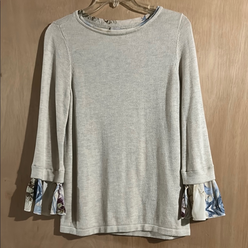 Chico's Beige and Blue Ruffled Bell Sleeve Blouse